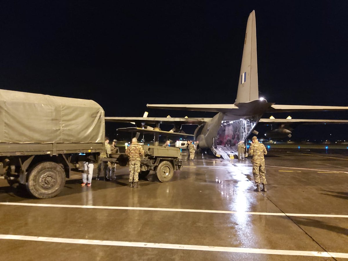 Last night, the Greek Air Force carried two fully equipped field kitchens to #Albania in order to help with food distribution to people in need after the earthquake. The capacity of the two units is approximately 1200 meals per day. Proud for #Greece, love for Albania 🇬🇷♥️🇦🇱