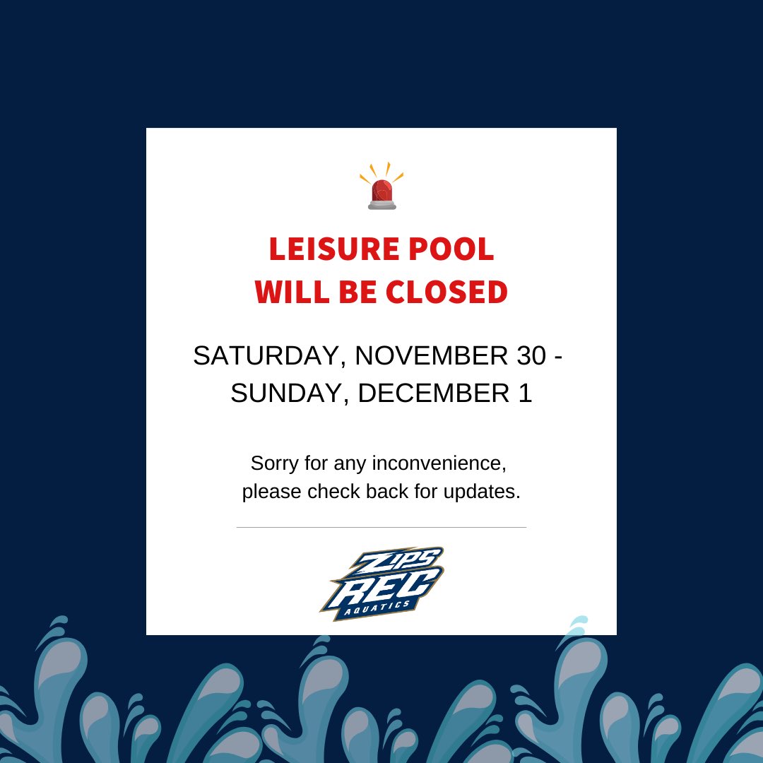 🚨 Leisure Pool Closed 🚨 

Unfortunately we are closing the leisure pool through this upcoming weekend.  We are sorry for any inconvenience and will keep everyone posted as we move into the week.