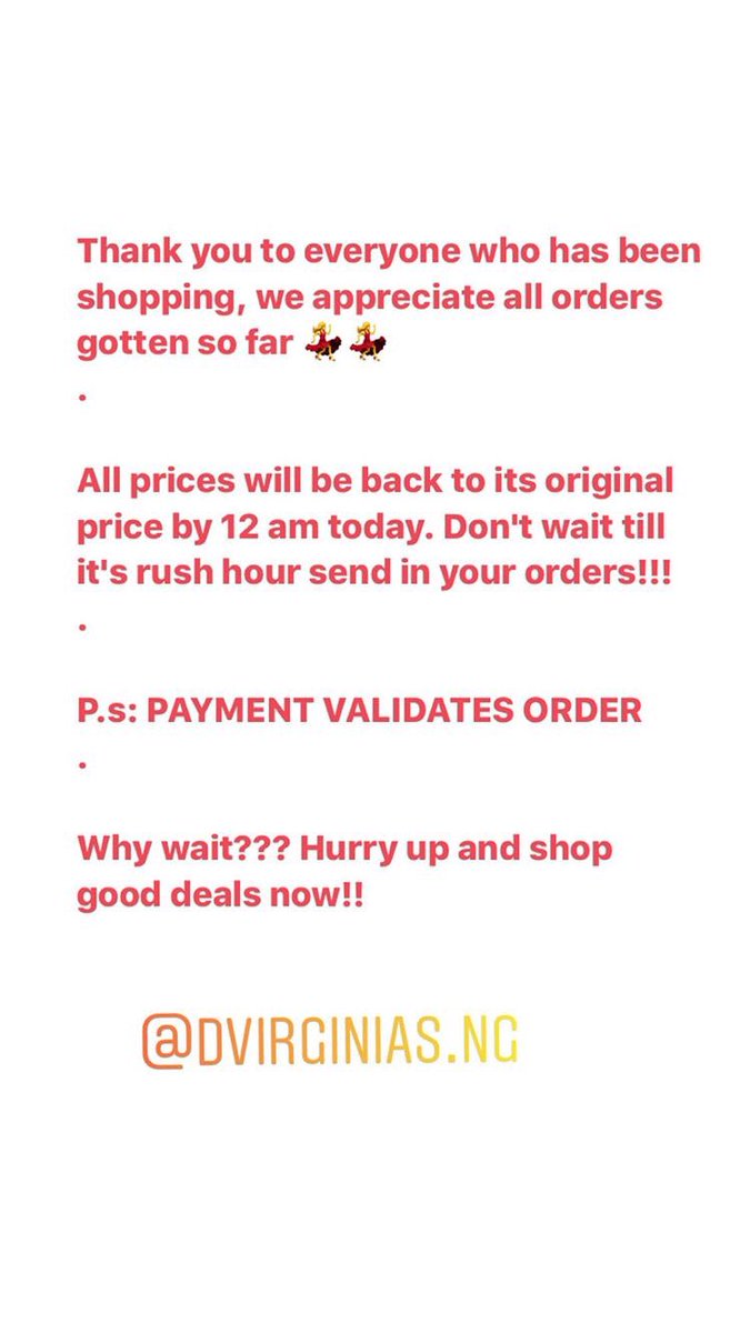 A few hours to end of our  #BlackFriday sales. We are still taking orders. If you haven't shopped with us yet, what are you waiting for??? Head straight to our IG:  @dvirginias.ng all items discounted! Also, you should check this threadPls help Rt #TachaStormsGhana