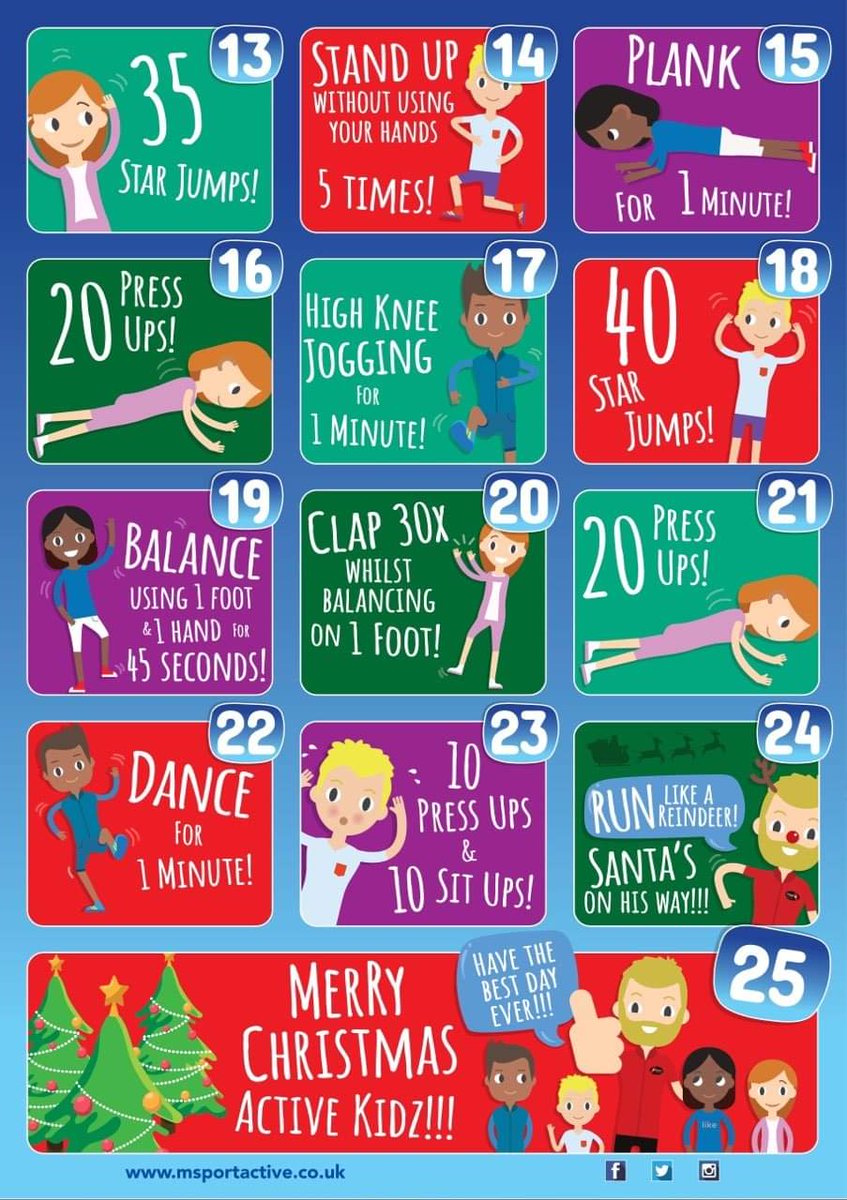 PEbassettgreen's tweet photo. It's nearly Christmas so here is your PE advent calendar. Please try the activities at home with your children. If you get any photos please send them in. #ActiveAdvent #activefuture @SouthamptonSGO @bassettgreenps @msportactive https://t.co/zUlTzr6PoN