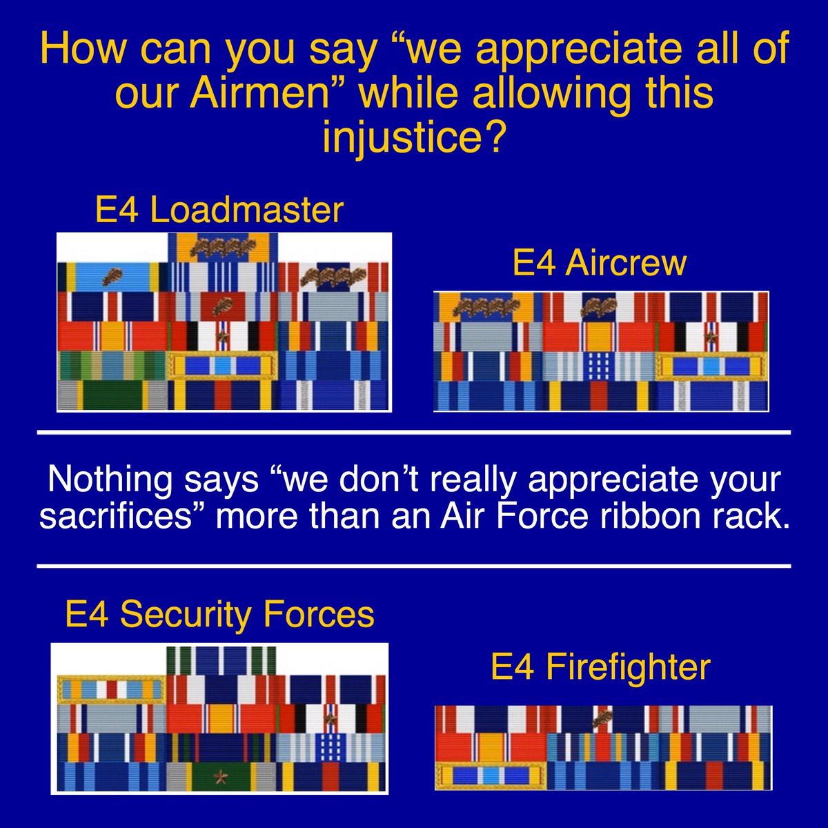 AirmanDefensor's tweet image. If this isn’t the truth...@GenDaveGoldfein @cmsaf18 @SecAFOfficial Fix this! If flight time earns prestigious medals, then I suggest you devise a ground troop equivalent—because no amount of hours in the air is more dangerous than hours on, or outside the wire. #equalhonor