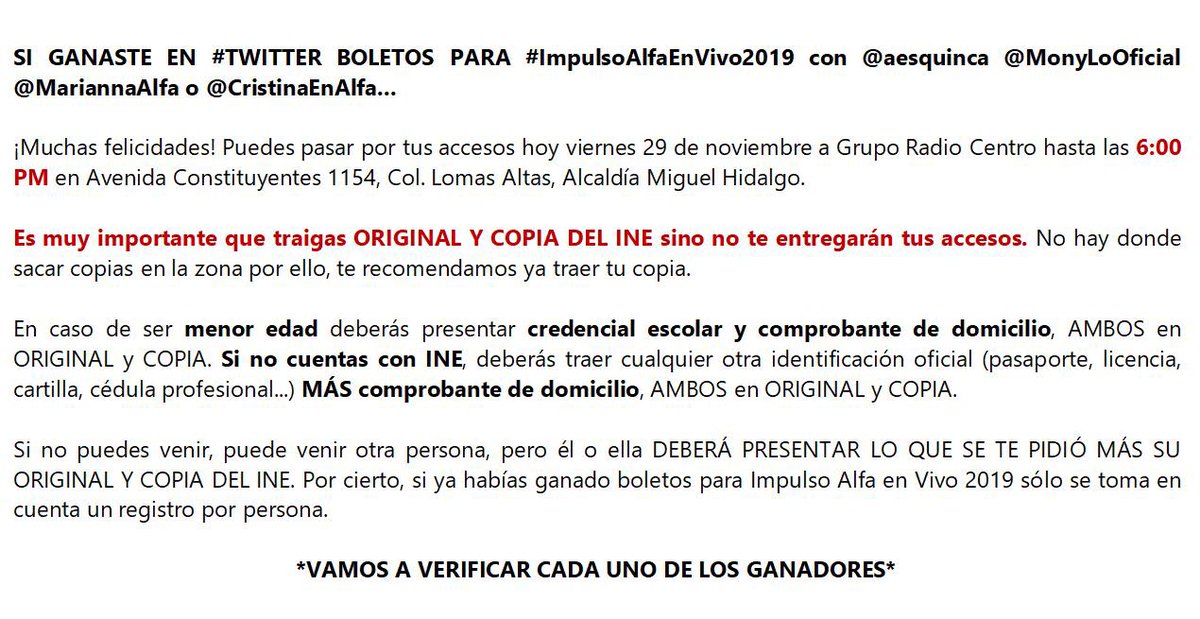 🚨 A todos los que ganadores de boletos para #ImpulsoAlfaEnVivo2019 en #Twitter 🚨

Si ganaron con <a href="/aesquinca/">Antonio Esquinca</a> <a href="/MonyLoOficial/">Mónica López Alfa 91.3 🆗</a> @MariannaAlfa  @CristinaEnAlfa o <a href="/_IsabelAngulo/">Isabel Angulo en Alfa 91.3</a> y aún no tienen sus accesos, acá está la INFORMACIÓN para que puedan recogerlos 👇😎
