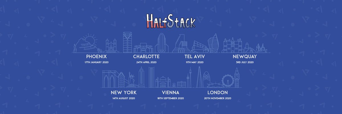 halfstackconf's tweet image. Join us at a HalfStack event in 2020 in Phoenix, Charlotte, Tel Aviv, Newquay, New York, Vienna, or London! Many events have early bird pricing in effect, or bring a friend and use the promocode blackfriday to get 20.20% off the 2nd ticket! halfstackconf.com