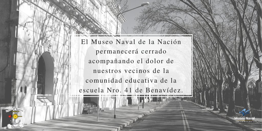 El Museo Naval de la Nación permanecerá cerrado acompañando el dolor de nuestros vecinos de la comunidad educativa de la escuela Nro. 41 de Benavídez.
Retomaremos las actividades a partir del miércoles 4 de diciembre a las 9.00 hs.

<a href="/Armada_Arg/">Armada Argentina</a> @MindefArg <a href="/vivi_tigre/">Viví Tigre</a>
