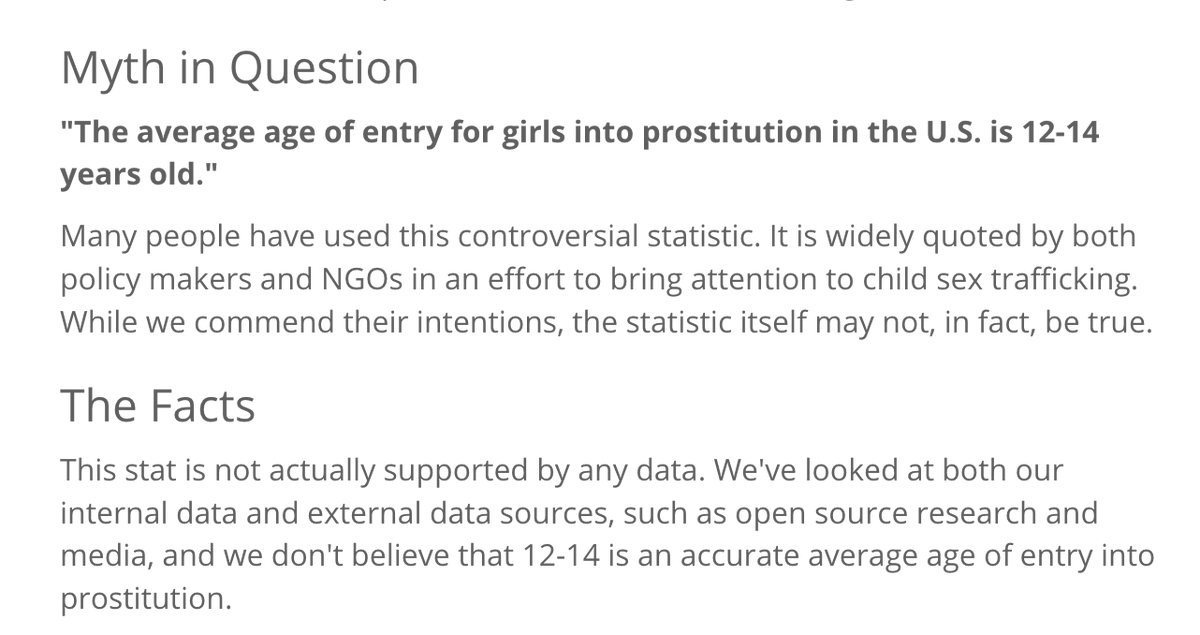 Even Polaris, one of America's largest anti-trafficking organizations, says this statistic is false. Why are government reports citing numbers that don't hold up to a 5 minute google search? https://polarisproject.org/blog/2016/01/05/average-age-entry-myth