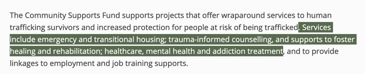We should note that the government's plans to address trafficking actually include some hopeful signs. A lot of the money is going toward housing and trauma-informed counseling. These plans are extremely vague, but they could end up being good!  https://news.ontario.ca/opo/en/2019/11/20-million-in-yearly-funding-for-anti-human-trafficking-programs.html
