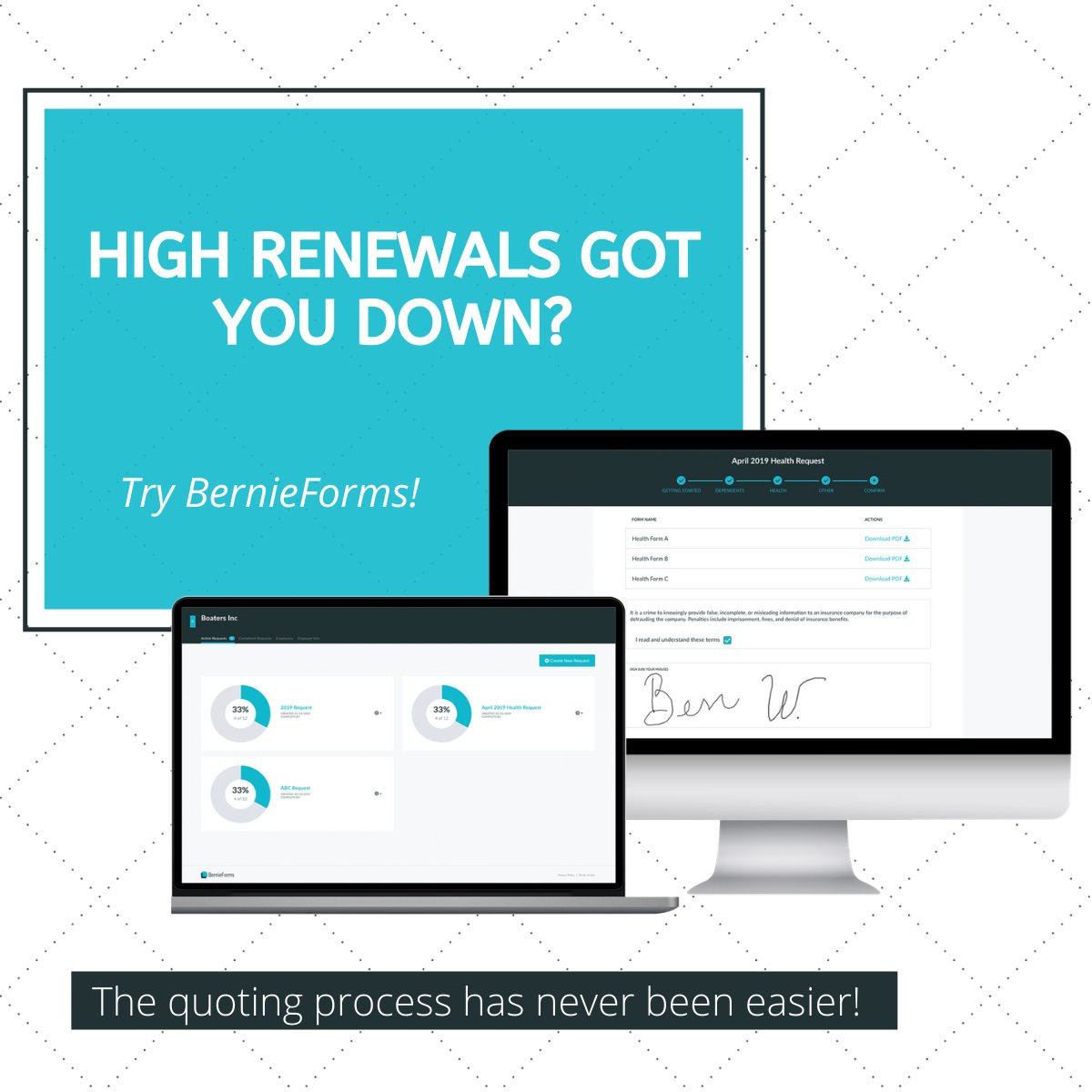 BernieForms's tweet image. Shopping around for lower rates this Black Friday? 🛍️💰See how BernieForms can help simplify the quoting process. Set up a personalized demo of the platform today! hubs.ly/H0m15fh0