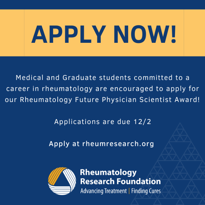 MD/PhD students committed to a future in #rheumatology can apply today for our Rheumatology Future Physician Scientist Award! Applications are due 12/2. #MedStudent #Rheumatology #RheumRFA