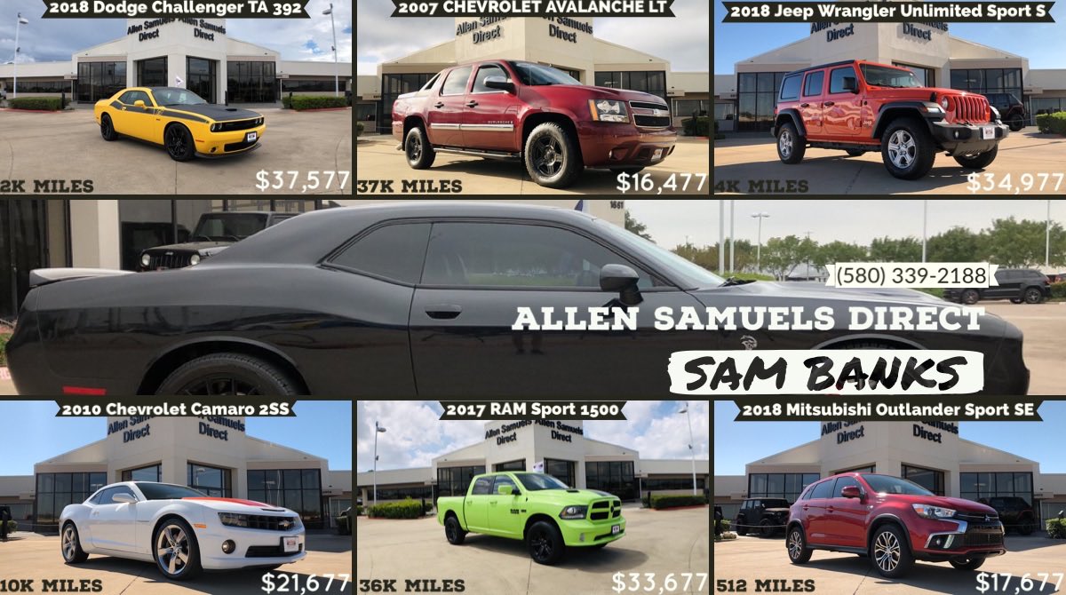 SamsAutoMarket's tweet photo. Here at Allen Samuels Direct we can carry any make and model. We have a unique, diverse, and amazing inventory for you to choose from!

Give me a call and I’ll get to work getting you into your new ride!

#newcar #carsforsale #trucksforsale #DFW #AllenSamuelsDirect https://t.co/kfCFDx8fHD