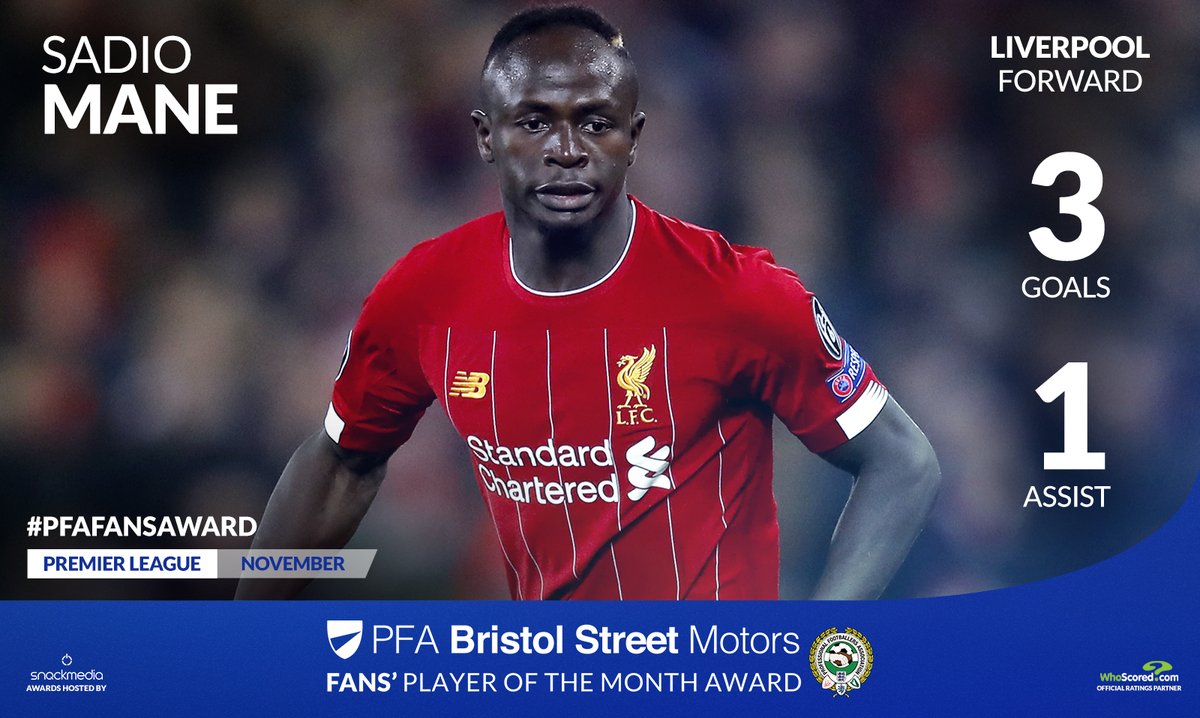 .<a href="/LFC/">Liverpool FC</a>'s Sadio Mane has been nominated for the November PFA @BristolStMotors Fans' Player of the Month! 🔴

Vote here 👉  po.st/PFAVOTE  
 
#PFAFansAward #LFC