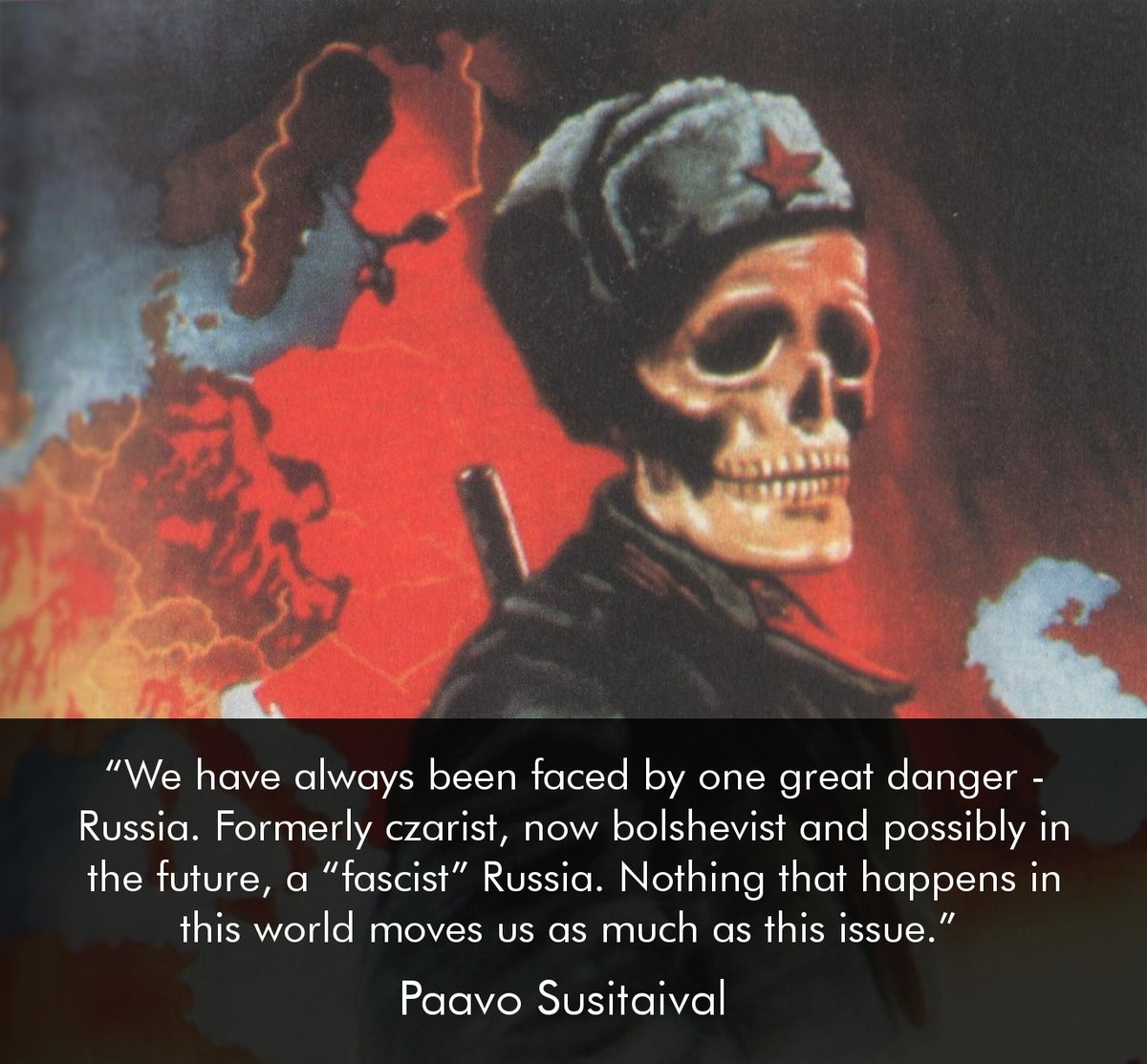 His most important issue in politics was the threat of the Soviet Union. He criticized the Western orientation of Finnish defense policy, demanded that Finland raise its defense budget and that it would make a defense pact with the Axis powers. 18/32