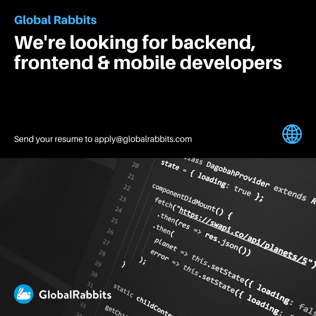 We're looking for backend, frontend &amp; mobile developers.
Send your resume to apply@globalrabbits.com.
#developer #backend #frontend #mobile #ios #ionic #react #anywhereandeverywhere #justonehopaway #globalrabbits