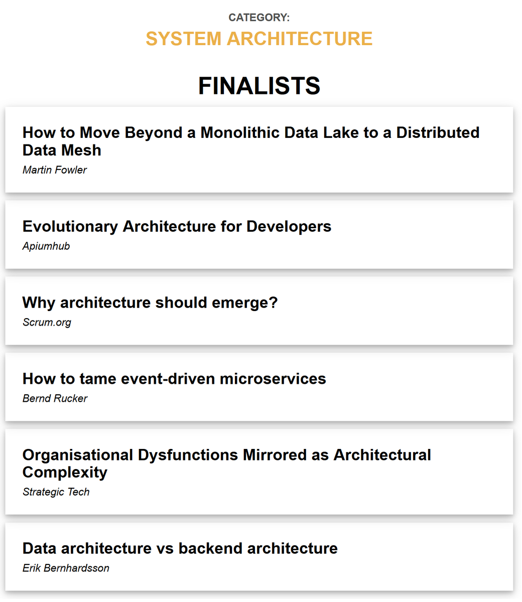 Unbelievable - an article of mine next to one from <a href="/martinfowler/">Martin Fowler</a>
! Wooho! I am one of the finalists in #SystemArchitecture <a href="/CTOUniverse/">CTO Universe</a>
. Please go and vote: ctouniverse.com/2019-mvp-award…!