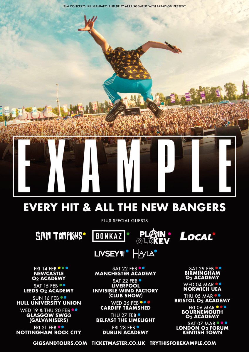.<a href="/example/">example</a> has announced the supports for his upcoming tour! Featuring <a href="/SamTompkinsUK/">sam tompkins 🥪🎈</a>, <a href="/Bonkaz/">Demario Bonds</a>, <a href="/PlainOldKev/">Plain Old Kev</a>, Local and more! Tickets on sale now! stbrd.in/2okuqDl