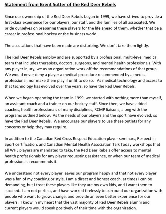 1/ The campaign is on by  @HockeyCanada & Brent SutterInstead of owning up 2 his abusive, gaslighting behavior, he chooses to contact former players to say some good things about him“I know in my heart the vast majority..”This isn’t about the vast majority... #hockey  #abuse