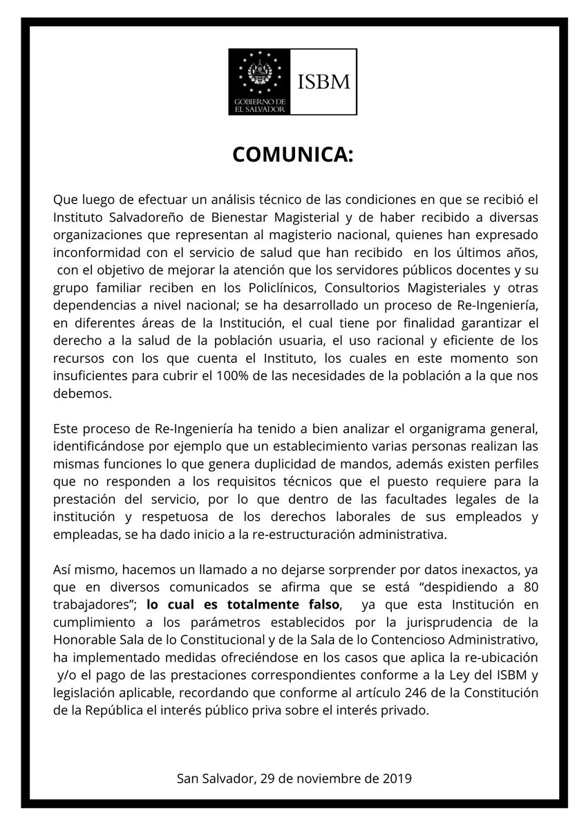 Comunicado oficial del Instituto Salvadoreño de Bienestar Magisterial, a los 29 días del mes de noviembre de 2019.