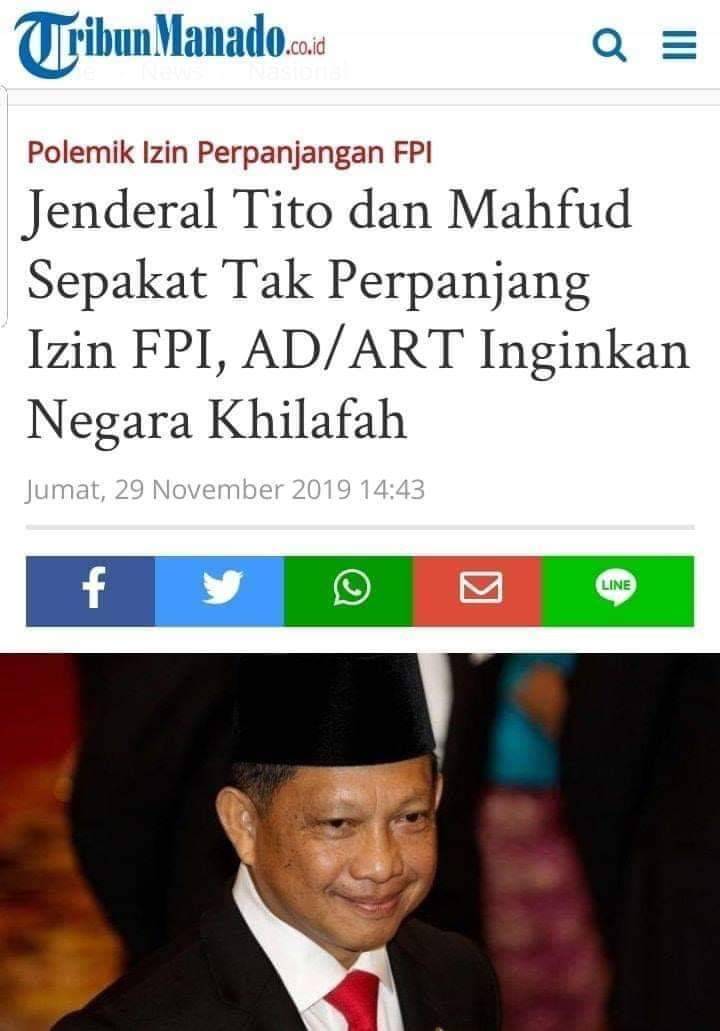 Saya mohon Pak Tito Karnavian dan Pak Mahfud MD sebagai menteri yang berhak memutuskan
Perpanjangan izin FPI
Pak menteri adalah utusan tuhan 
Untuk tidak memberikan izin kepada ormas radikal seperti FPI 
Jgn takut pak, rakyat sll mendukung mu terutama ulama NU Ansor dan Banser