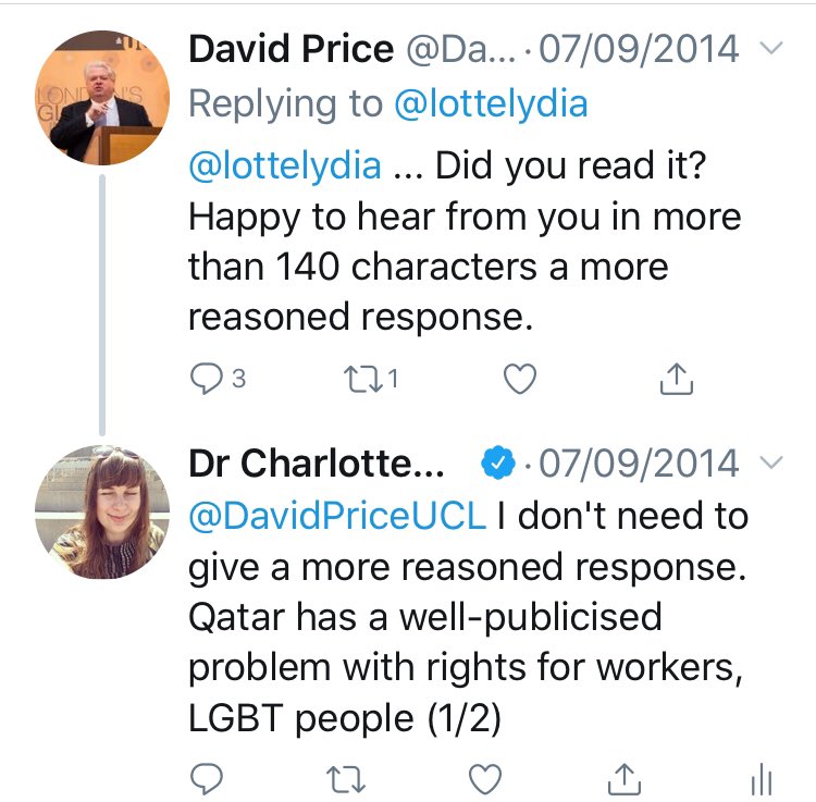 There were also questions about the use of slave labour in the building of the UCL Qatar campus, and general anger about Qatari human rights abuses. (I just dug up this conversation I had with one of the Pro-VCs about it, because it still makes me furious. Education! FFS.)
