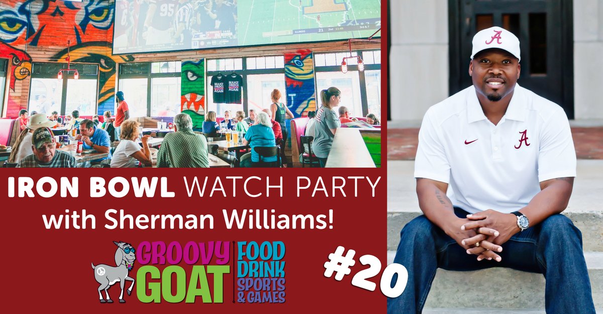 You’re invited to Groovy GOAT for an epic #IronBowl watch party with former Tide running back Sherman Williams! There will be fun raffles and door prizes, all benefiting Williams’ charities: Palmer Williams Group and Life Sync Academy. 🏈 <a href="/CrimsonCowboy20/">Sherman Williams</a> <a href="/DowntownOWA/">Downtown OWA</a>