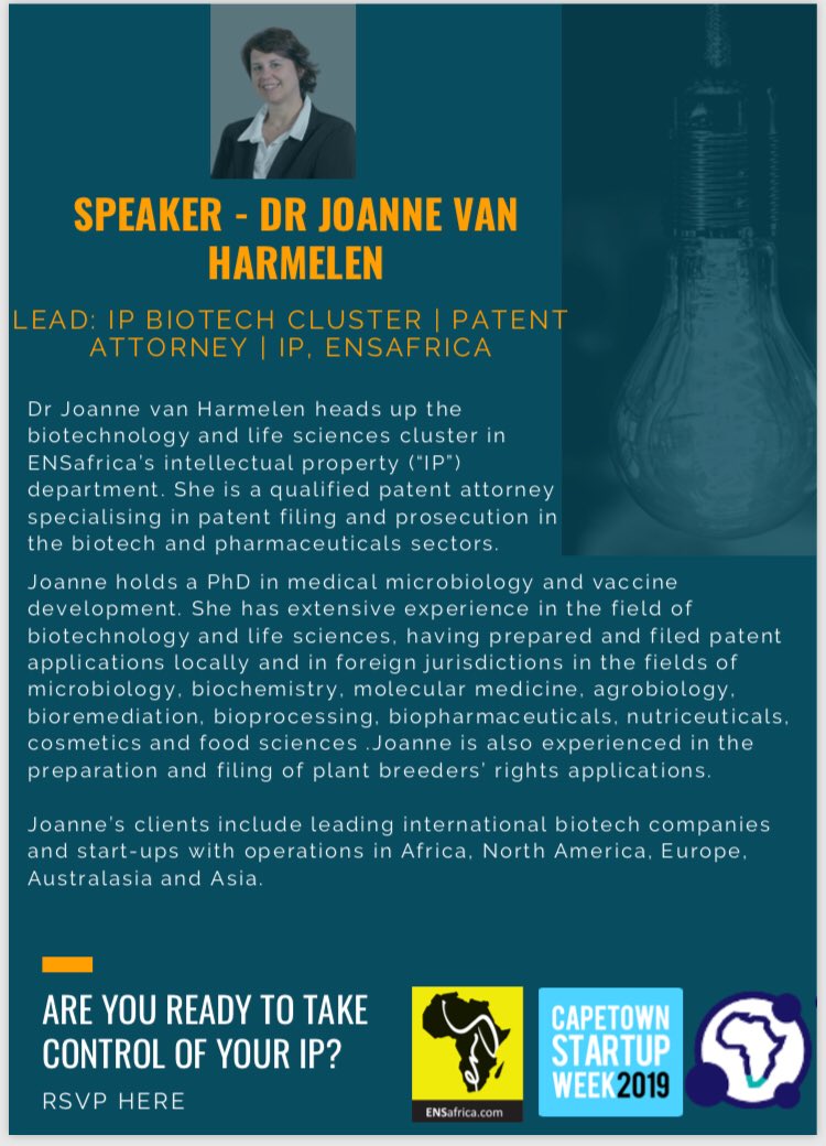 Opportunity 🚨 Alert <a href="/ENSlaw/">ENS</a>, #SiliconCape and <a href="/heavychef/">Heavy Chef</a> are proud to host an information session on “IP for Startups - Appreciating your Intellectual Assets!” Our speaker is Dr <a href="/joanneharmelen/">Joanne van Harmelen</a> RSVP here 👉🏽 quicket.co.za/events/93436-i…