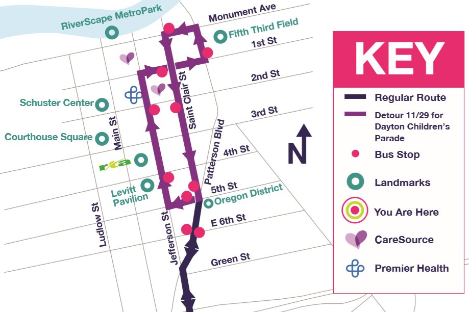 FYI this is the map of the detour the  <a href="/GDRTA/">Greater Dayton RTA</a> Flyer bus will be on during the Dayton Holiday Festival from 5 p.m. to 11 p.m. 
Find the list of all the events and activities for the 47th Annual Dayton Holiday Festival at daytonholidayfestival.org