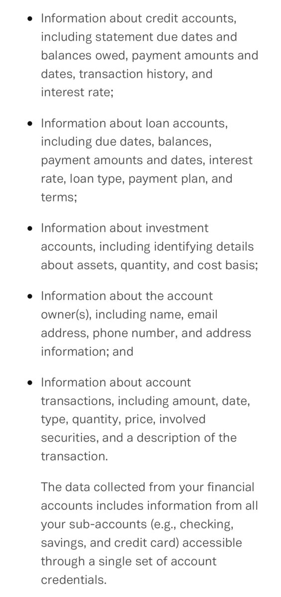 In order to do an ACH, which only requires an account and routing number, Plaid uses your credentials to collect: your transaction history; info about your credit and loan accounts; the assets you invest in.From  https://plaid.com/legal .