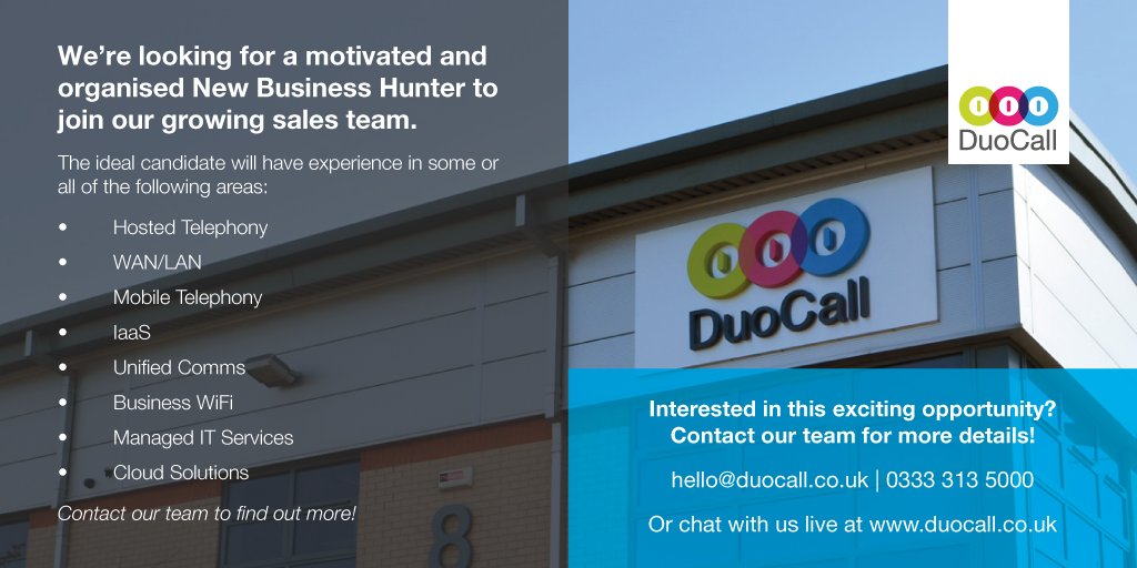 DuoCall_Comms's tweet image. We&apos;re searching for a New Business Hunter to join our growing sales team! Interested in this exciting opportunity? Get in touch with our team today! #recruiting #smartcomms