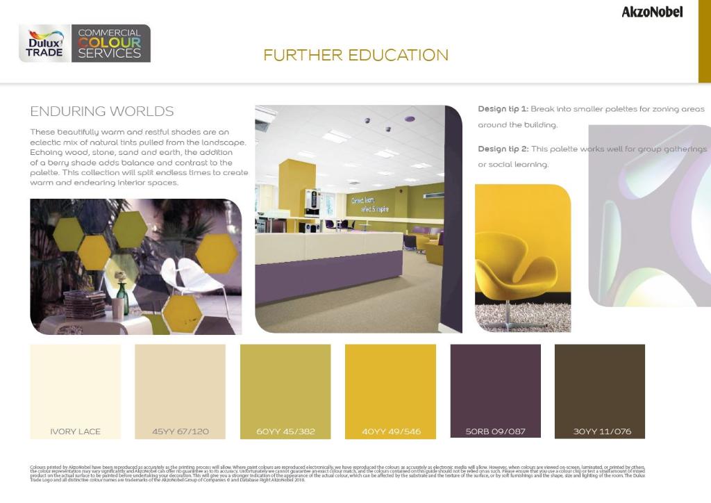 DuluxTrade's tweet image. If you missed us at the @EduScotland show this week, check out the evidence-based colour palettes that our Commercial Colour Services team developed for University buildings and student accommodation. For enquiries contact TAC_supportedservices@akzonobel.com