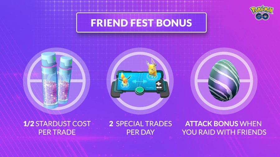 Pokemon Go Friend Fest Bonuses Include Half Stardust Cost Per Trade Two Special Trades Per Day And A Friend Attack Bonus Boost During Raids Pokemon Blog