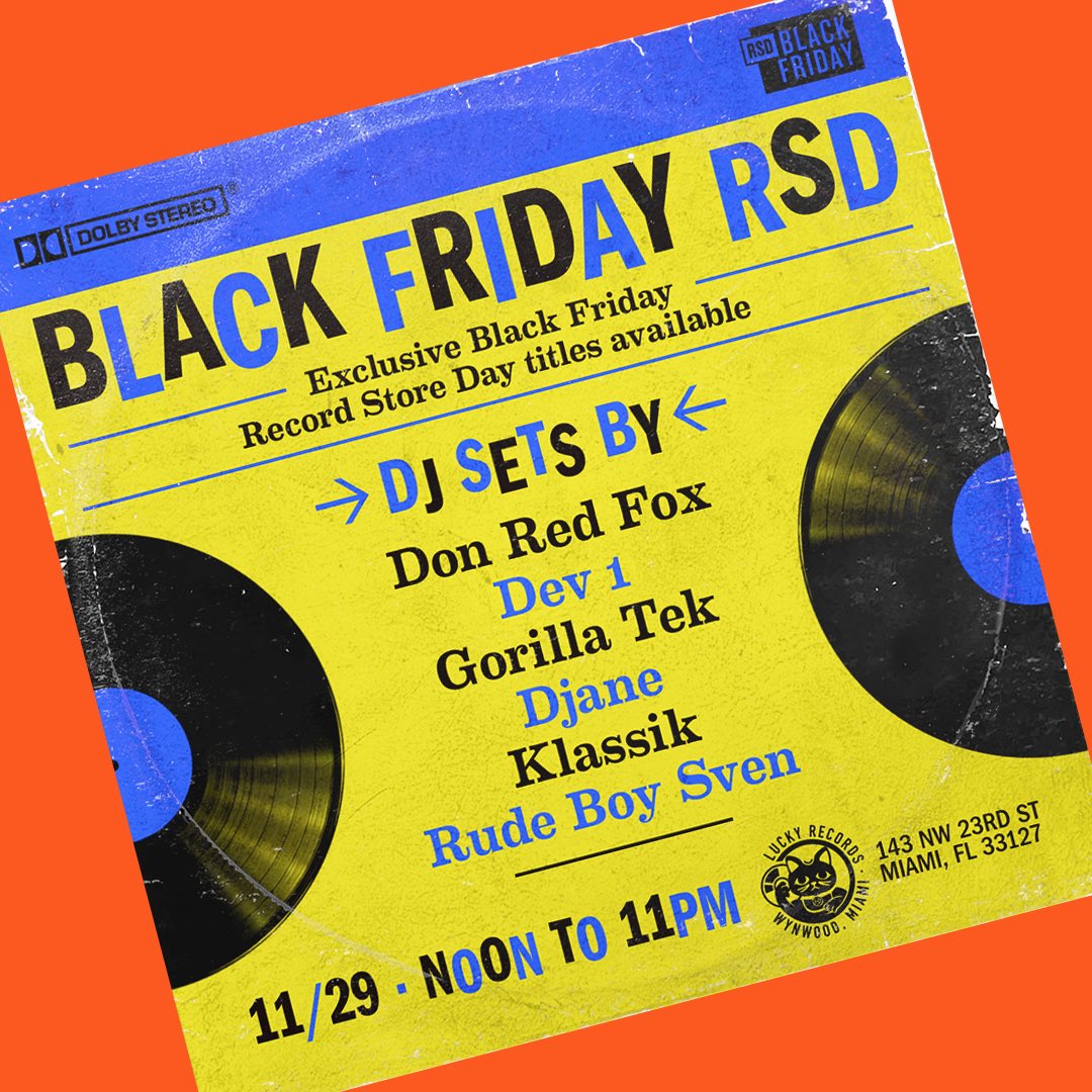 LuckyRecordsMia's tweet photo. We’re open at noon with exclusive #blackfridayRsd releases, 2 4 1 $5 &amp; $3 records, DJ sets from Miami vinyl slingers +  more fun then we can legally disclose. https://t.co/aVQlWFmEyq