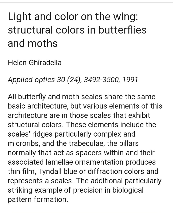 When did not find d colourful scales I was expecting, I tried to find how moth wings produce such beautiful colours. I found this paper  which says that the colour of d wings is not due to various pigment but due to the structure of scales n how they play with d light  #scicomm