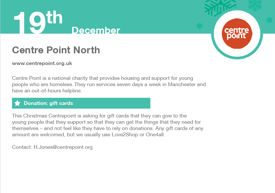 StJHomelessness's tweet photo. Day 19: @centrepointuk are looking for gift cards this #Christmas so young people can buy things for themselves, and not rely on donations. More: https://t.co/zRuSnqQZ3e https://t.co/VzByjR0wxD