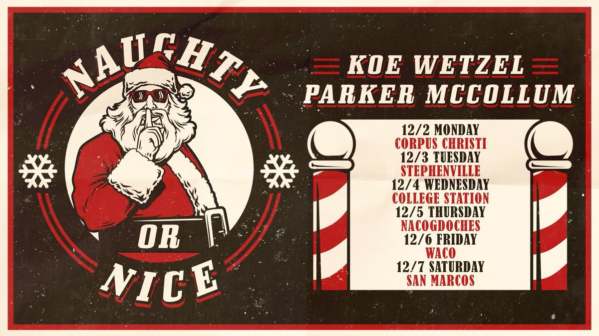 ❗️BLACK FRIDAY GIVE-A-WAY❗️

RETWEET for a chance to win 4 free tickets to catch the Naughty or Nice Tour this Tuesday night (12/3)! 

Parker McCollum | Koe Wetzel 

+ guest openers 

Chris Colston | Kody West

Winner selected tonight at 9PM... GO!