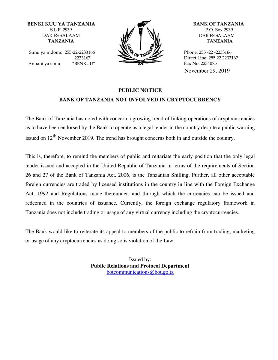PUBLIC NOTICE; BANK OF TANZANIA NOT INVOLVED IN CRYPTOCURRENCY.  https://t.co/6JU4iFfyV3