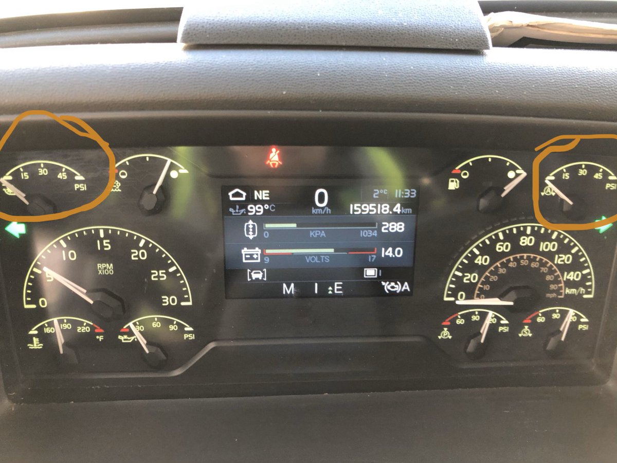 TdotTrucker's tweet image. Trivia time: Who can name what the upper left gauge is for, you Volvo drivers will know this. Bonus if you know what the upper right gauge is for. #TriviaFriday #DriverPerspective