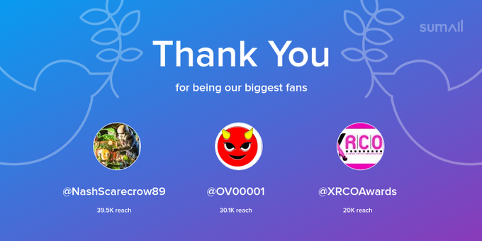 Our biggest fans this week: NashScarecrow89, OV00001, XRCOAwards. Thank you! via https://t.co/Ic1sEYJmO8