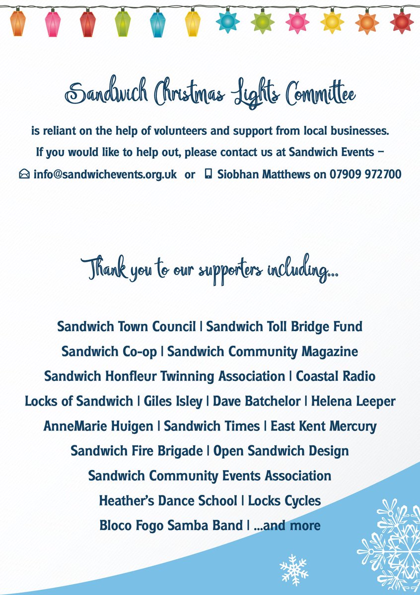 Come and join us! A great family #Christmas Event in the heart of #Sandwich town. #ChristmasLights Lantern-lit Parade, Live Entertainment, and Christmas food and gifts. 
30 November 2019 from 10am. We’ll see you there!