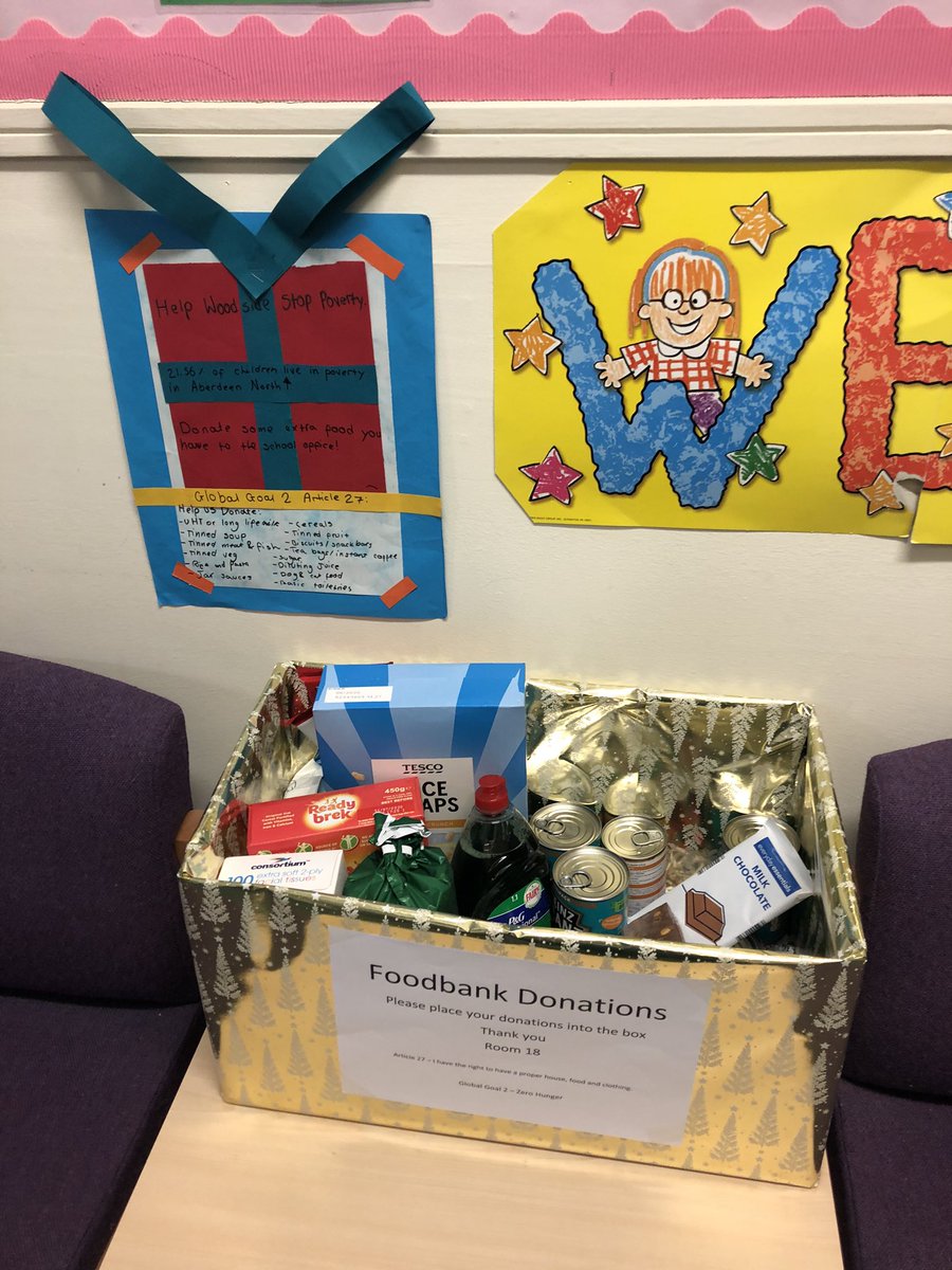MrRMckenzie1's tweet photo. Room 18 have set up a donation station at the school office! We are collecting food and toiletries for the month of December! We will be donating the items to local foodbanks in our area! #community #GlobalGoal2 #Article27 #Givingback @woodside_school @EduAberdeen https://t.co/a4XLL77qrW