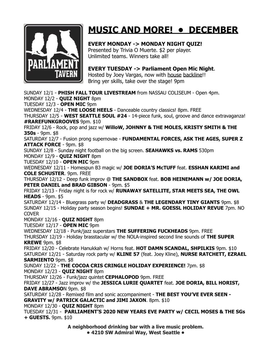 Fri 11/29 Black Friday dance party with The MOONSPINNERS! 9pm. $8. 
Sat 11/30 Musical and visual remix w/ PURR GATO, DJ LITE PRIVILEGE, and blazinspace - THE BEST YOU’VE EVER SEEN - “Beyond the Black Rainbow!”
Sun 12/1 PHISH FALL TOUR LIVESTREAM from NASSAU COLISEUM - Open at 4pm