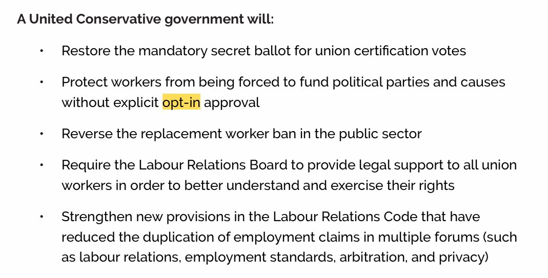 The UCP campaigned on giving unionized workers the option of not contributing to their union’s political activities. In the platform, of. 22. Note: This does not affect core union dues functions such as collective bargaining & grievance resolution.  #ableg  #cdnpoli