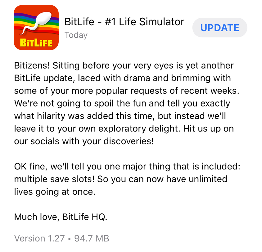 BitLifeApp's tweet photo. 🛒🔥 iOS Bitizens! Happy #BlackFriday2019! Let's celebrate with a surprise update full of surprise things. That's right, we're not telling you what changed. You tell us! https://t.co/cdxrHHN5wZ