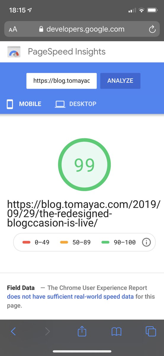 PageSpeed Insights score of 99 on mobile.