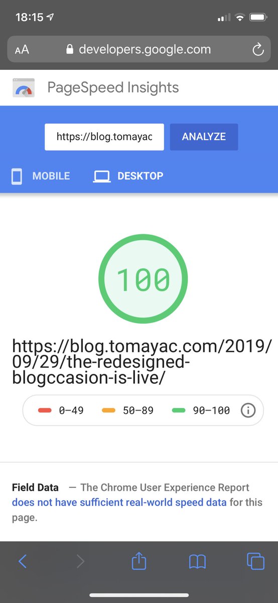 PageSpeed Insights score of 100 on desktop.