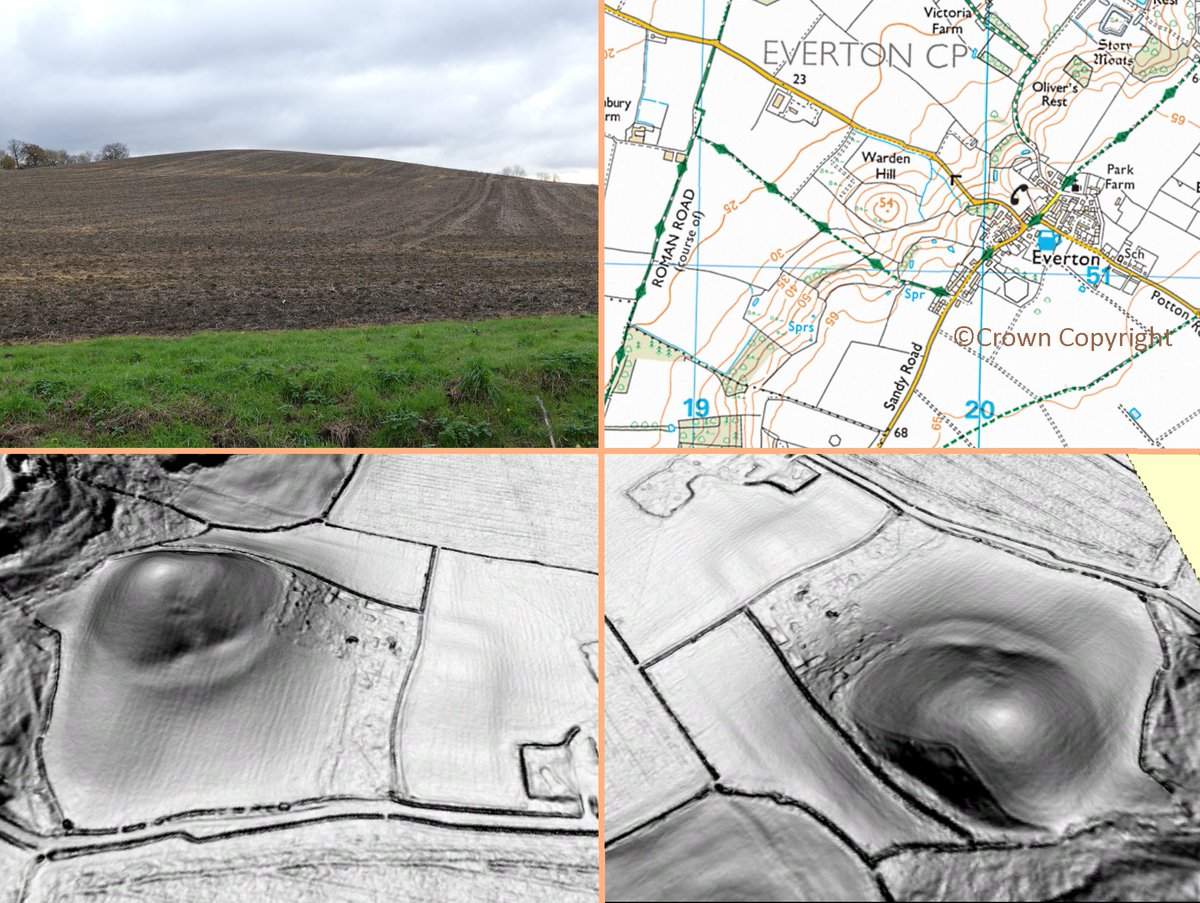 Only seen from the road so far,our #FridayLiDAR shows this spot to be a promising place for a fieldwalk &amp; rootle around. Massively exaggerated vertical scale: that rounded berm thingy is not as obvious as lidar makes out. Clockwise views from road, map, south, north. Im DTM tile