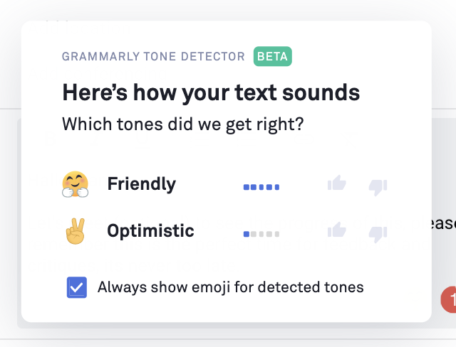 conir's tweet photo. Grammarly, my super intelligent grammar assistant, is showing me the tone of my messages, haha. https://t.co/7FCK7HdZ45