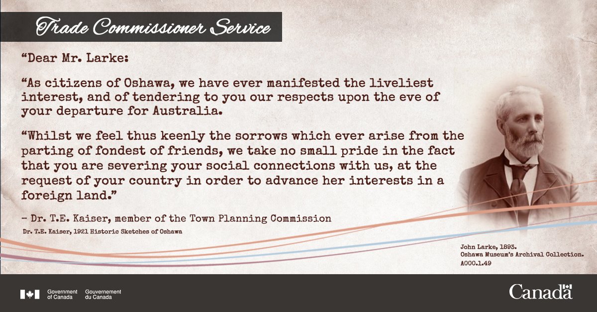 TCS_SDC's tweet image. The Trade Commissioner Service will soon be celebrating 125 years of helping Canadian companies! 

On this day #OTD in 1894, a banquet was held in Oshawa as a send-off for Canada’s first Trade Commissioner, John Larke, before heading to his new posting in Australia. #TCS125 🇨🇦