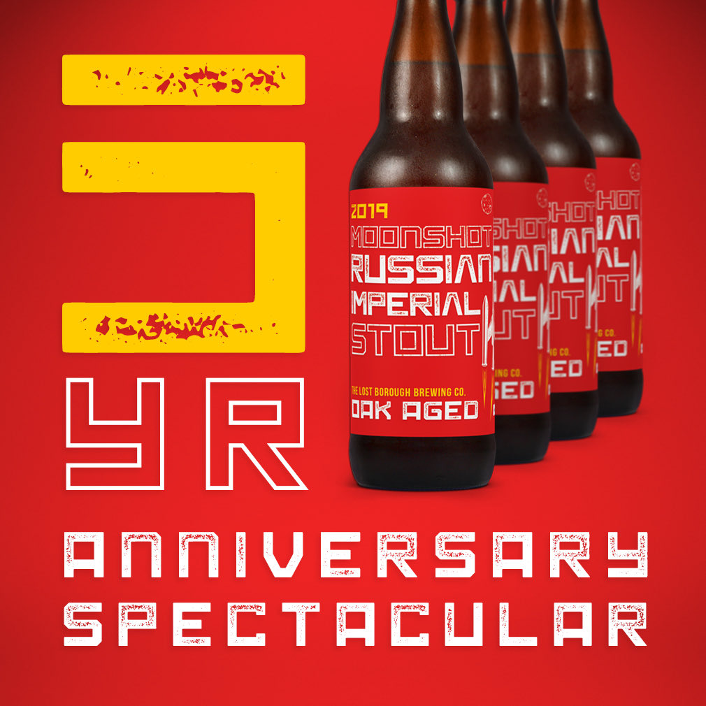 Join us today for our 5th Anniversary Spectacular! We'll be dropping our 2019 Russian Imperial Stout today; oak aged for over a year, on tap and in 22oz bombers. Then join us from 6-9pm when Young Guns &amp; Rusty Barrels takes the stage for an evening of live music! 🇷🇺🍻🚀