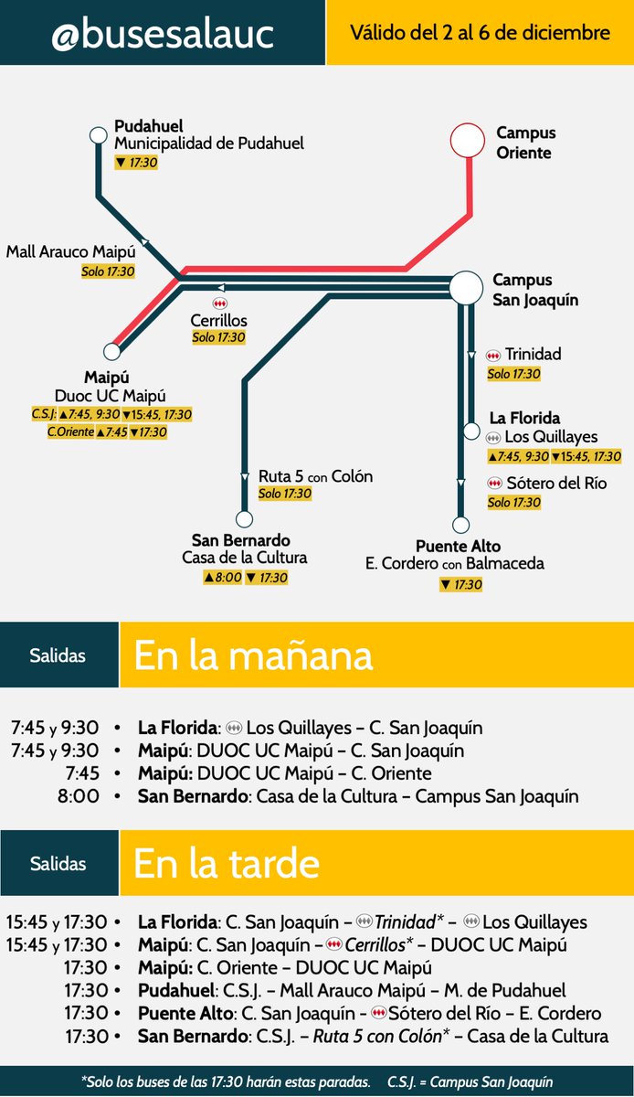 busesalaUC's tweet photo. 🔴 Revisa acá los nuevos horarios de operación de los buses de acercamiento para la semana del 2 al 6 de diciembre. Para usarlos solo debes acreditarte como miembro de la #ComunidadUC. https://t.co/Q5JQLpqq2R