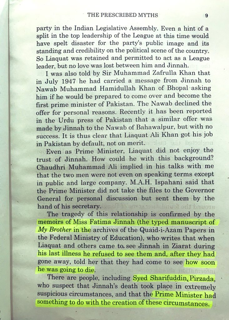 “Miss Fatima Jinnah writes in ‘My Brother’ that when Liaqat Ali Khan and others came to see Jinnah in Ziarat during his illness, he refused to see them.” Why?  #TheMurderOfHistory  #bookscache