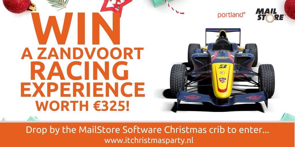 MailStore is aanwezig tijdens de IT Christmas Party! Tijdens het evenement kunt je iets gaafs winnen: een Zandvoort Racing Experience ter waarde van €325! Kom jij nog niet naar de IT Christmas Party? Meld je aan op itchristmasparty.nl